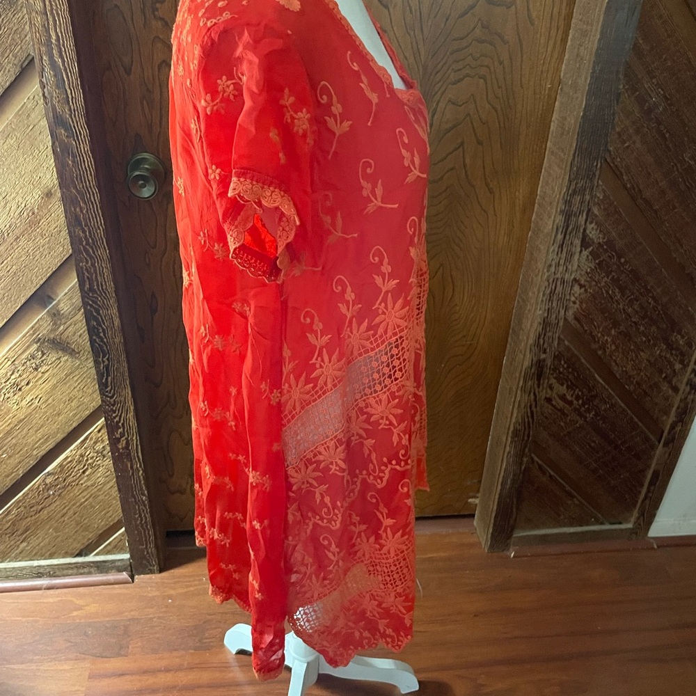 Johnny Was Orange Embroidery tunic blouse eyelet size XS round short sleeve lace - Picture 11 of 16